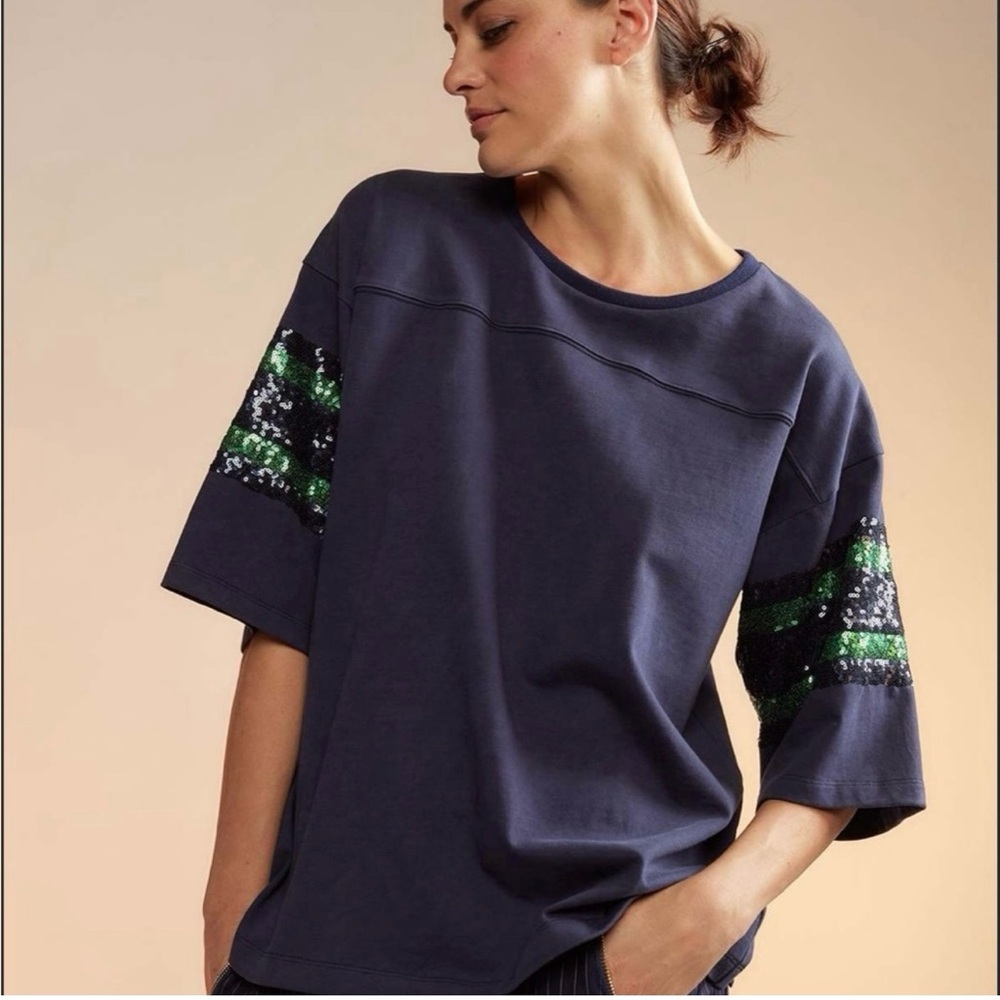 Cynthia Rowley Blue Oversized 3/4 Sleeve Football Jersey